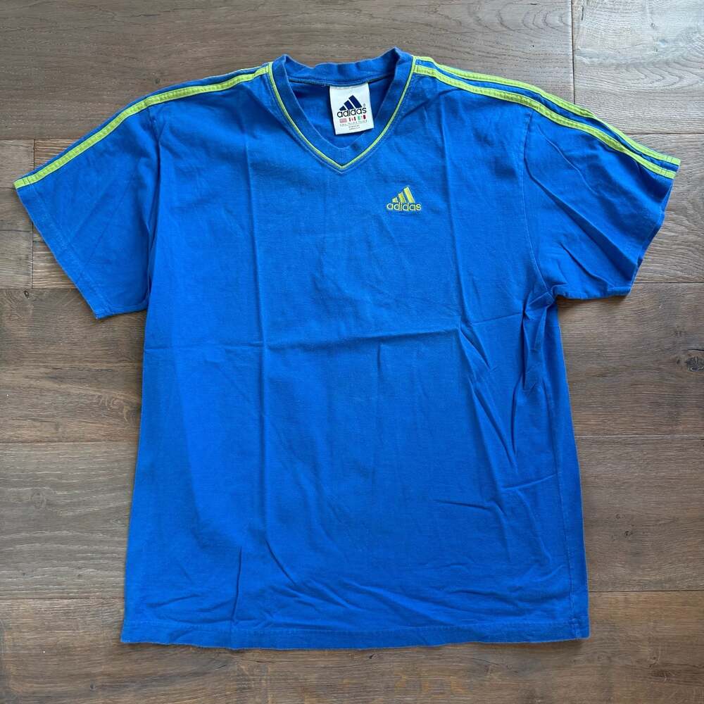 Vintage 90s Adidas Blue & Lime Green Y2K 3-Stripe V-Neck T-Shirt Size L